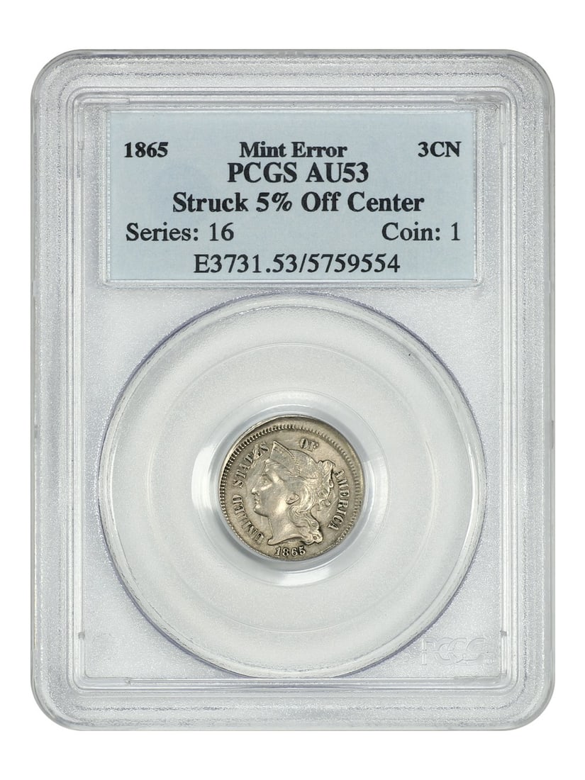 Three Cent Nickel - Mint Error: 1865 3CN PCGS AU53 (Struck 5% Off Center): Three Cent Nickel - Mint Error: 1865 3CN PCGS AU53 (Struck 5% Off Center) This listing features Three Cent Nickel - Mint Error: 1865 3CN PCGS AU53 (Struck 5% Off Center). Item specifics are provided b