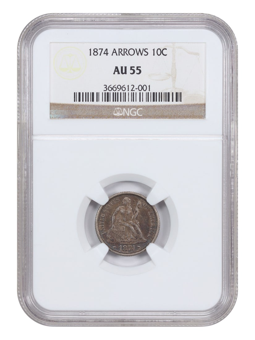 Liberty Seated Dime - 1874 10C NGC AU55 (Arrows): Liberty Seated Dime - 1874 10C NGC AU55 (Arrows) This listing features Liberty Seated Dime - 1874 10C NGC AU55 (Arrows). Item specifics are provided below. Item Specifics: Certification: NGC Certifica
