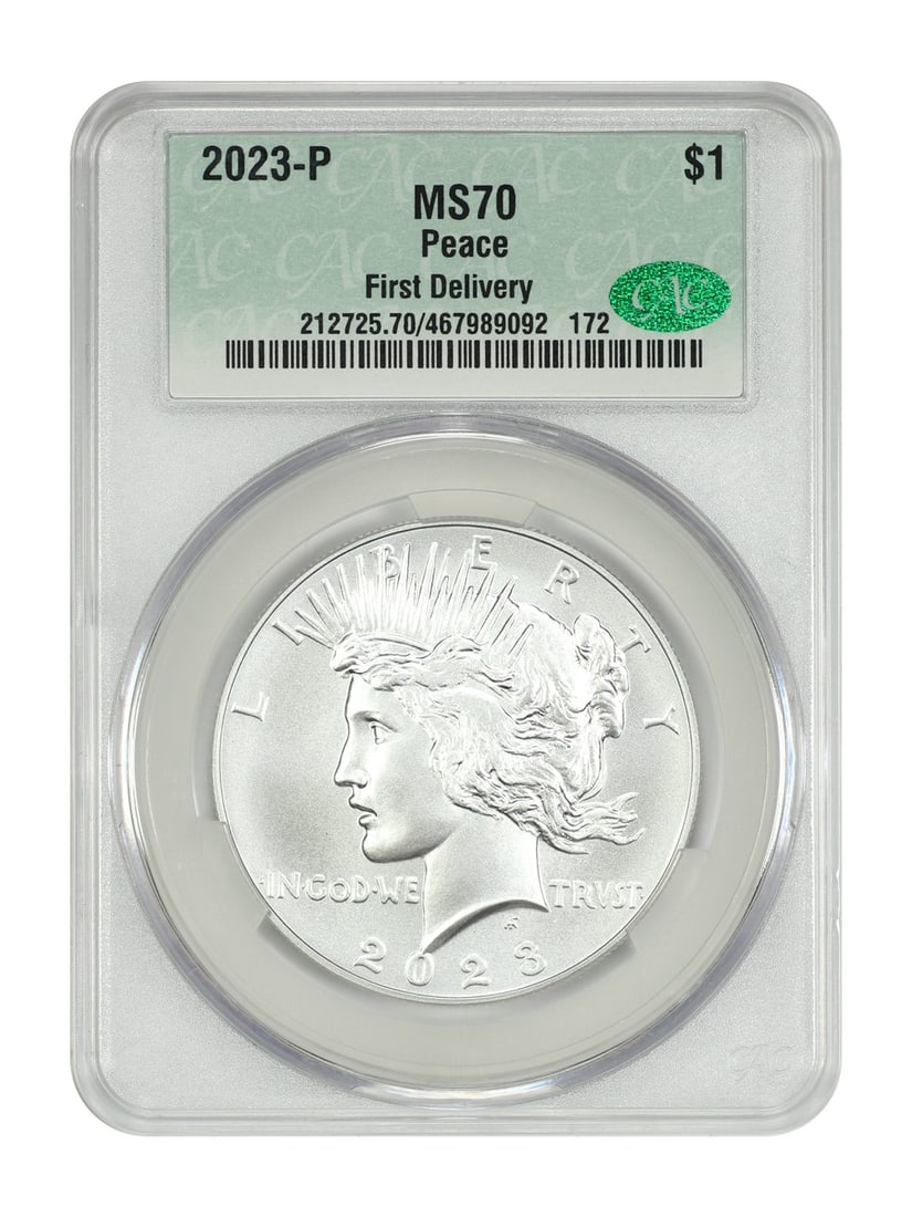 Delivery) 2023-P $1 Peace Dollar CACG MS70 (First: Delivery) 2023-P $1 Peace Dollar CACG MS70 (First This listing features Delivery) 2023-P $1 Peace Dollar CACG MS70 (First. Item specifics are provided below. Item Specifics: Certification: CACG Certif