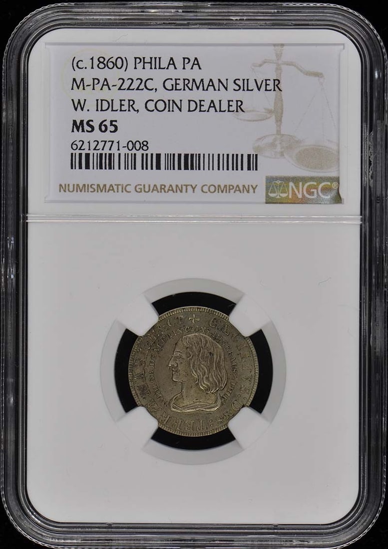 Token 1860 Phila PA W. Idler Coin Dealer NGC MS65 M-PA-222C German Silver: Token 1860 Phila PA W. Idler Coin Dealer NGC MS65 M-PA-222C German Silver This listing features Token 1860 Phila PA W. Idler Coin Dealer NGC MS65 M-PA-222C German Silver. Item specifics are provided b