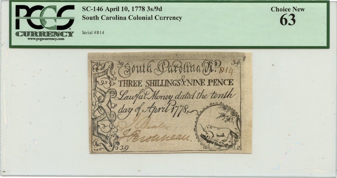 3s9d South Carolina Colonial Note FR#SC-146 PCGS CU63 Choice - 1778 April 10: 3s9d South Carolina Colonial Note FR#SC-146 PCGS CU63 Choice - 1778 April 10 This listing features 3s9d South Carolina Colonial Note FR#SC-146 PCGS CU63 Choice - 1778 April 10. Item specifics are