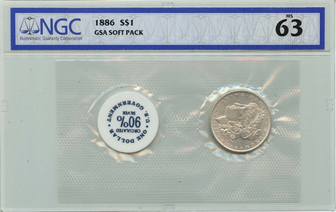 MS63 1886 Morgan Dollar GSA SOFT PACK S$1 NGC: MS63 1886 Morgan Dollar GSA SOFT PACK S$1 NGC This listing features MS63 1886 Morgan Dollar GSA SOFT PACK S$1 NGC. Item specifics are provided below. Item Specifics: Certification: NGC Certification N