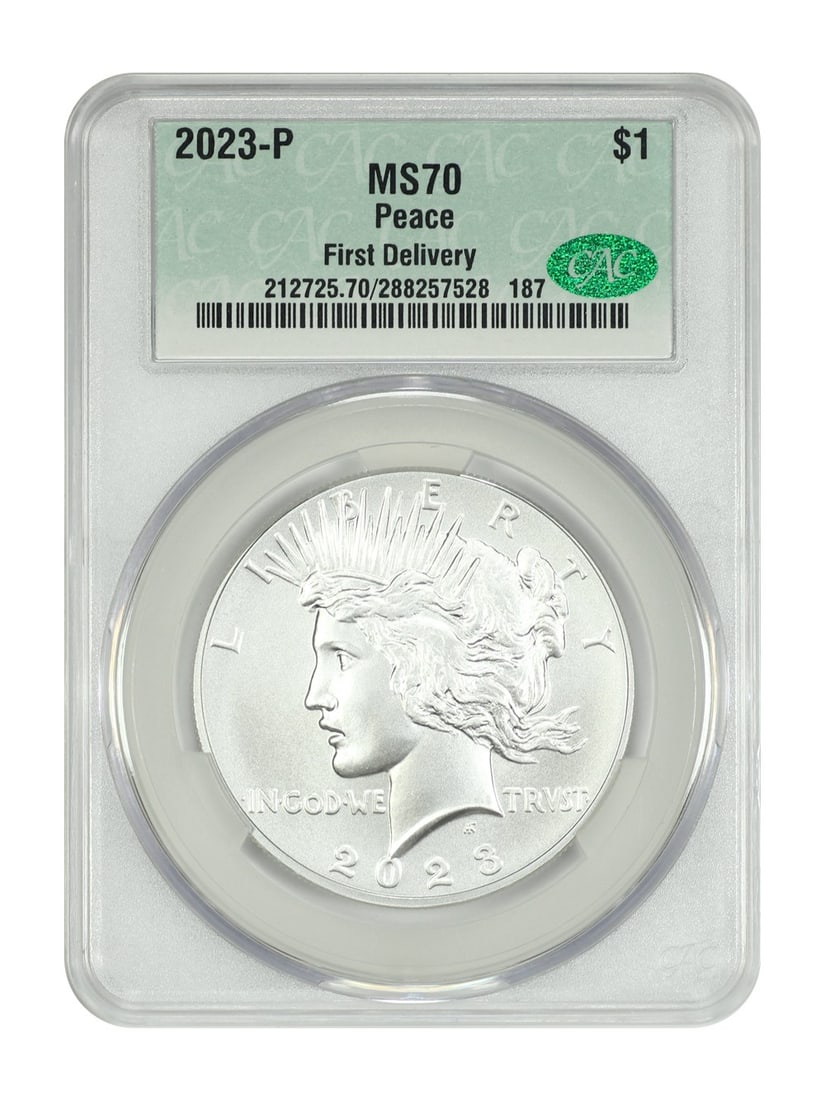 Delivery) 2023-P $1 Peace Dollar CACG MS70 (First: Delivery) 2023-P $1 Peace Dollar CACG MS70 (First This listing features Delivery) 2023-P $1 Peace Dollar CACG MS70 (First. Item specifics are provided below. Item Specifics: Certification: CACG Certif