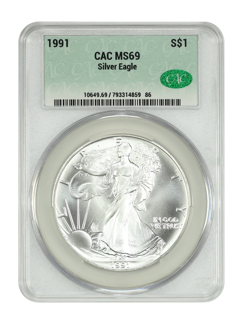 Silver Eagles - 1991 $1 Silver Eagle CACG MS69: Silver Eagles - 1991 $1 Silver Eagle CACG MS69 This listing features Silver Eagles - 1991 $1 Silver Eagle CACG MS69. Item specifics are provided below. Item Specifics: Certification: CACG Certificatio