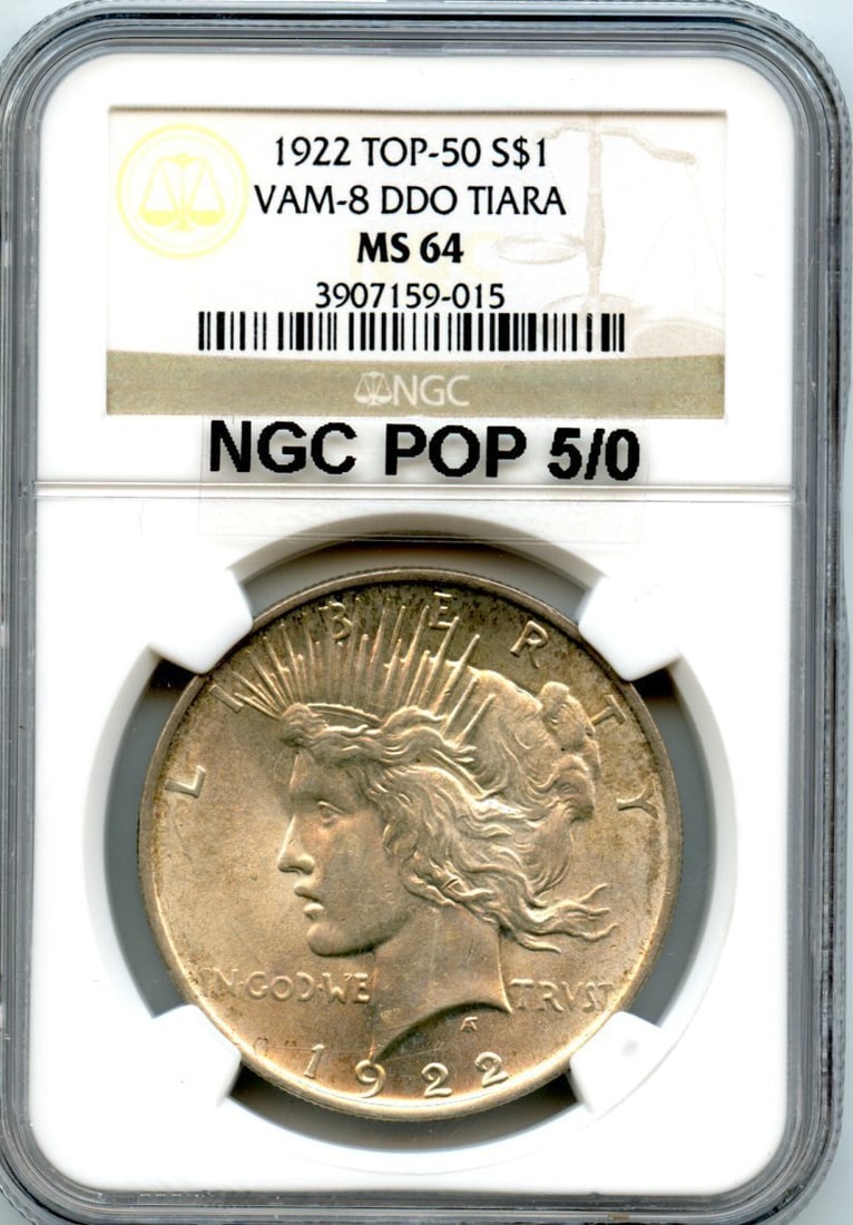 NGC POP 7/ 1 - C6100- 1922 VAM-8 DDO TIARA TOP 50 PEACE DOLLAR NGC MS64: NGC POP 7/ 1 - C6100- 1922 VAM-8 DDO TIARA TOP 50 PEACE DOLLAR NGC MS64 This listing features NGC POP 7/ 1 - C6100- 1922 VAM-8 DDO TIARA TOP 50 PEACE DOLLAR NGC MS64. Item specifics are provided below