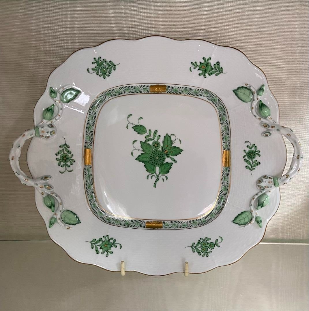 Apponyi Herend Chinese Bouquet Green Plate Square Porcelain Dish with Handle (1 of 13)