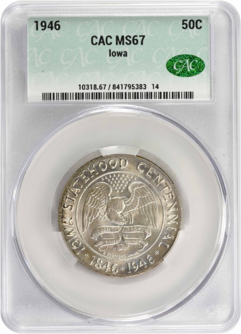 CACG Iowa Commemorative Silver Half Dollar 1946 MS67: CACG Iowa Commemorative Silver Half Dollar 1946 MS67 This listing features CACG Iowa Commemorative Silver Half Dollar 1946 MS67. Item specifics are provided below. Item Specifics: Country Of Origin: U
