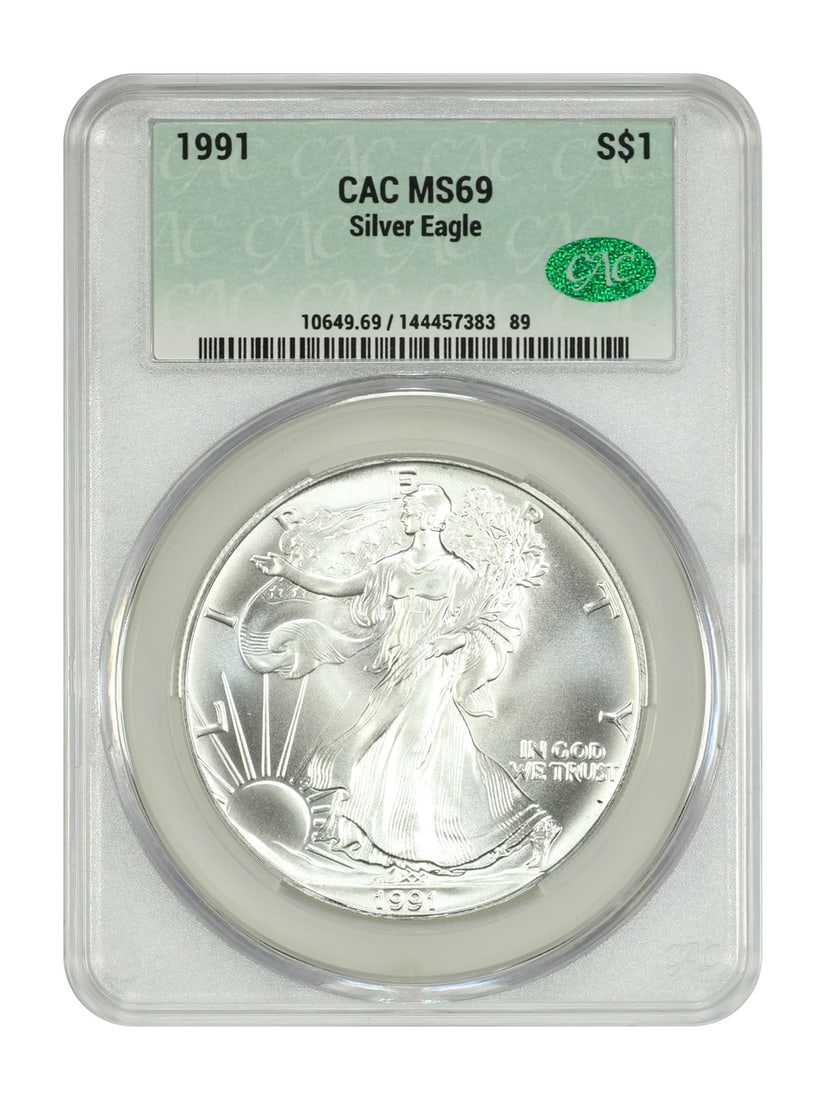 Silver Eagles - 1991 $1 Silver Eagle CACG MS69: Silver Eagles - 1991 $1 Silver Eagle CACG MS69 This listing features Silver Eagles - 1991 $1 Silver Eagle CACG MS69. Item specifics are provided below. Item Specifics: Certification: CACG Certificatio
