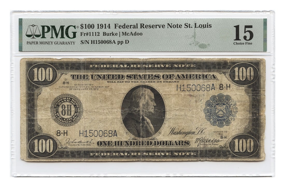 $100 - FR. 1112 1914 $100 Federal Reserve Note St. Louis PMG Choice Fine 15: $100 - FR. 1112 1914 $100 Federal Reserve Note St. Louis PMG Choice Fine 15 This listing features $100 - FR. 1112 1914 $100 Federal Reserve Note St. Louis PMG Choice Fine 15. Item specifics are provid