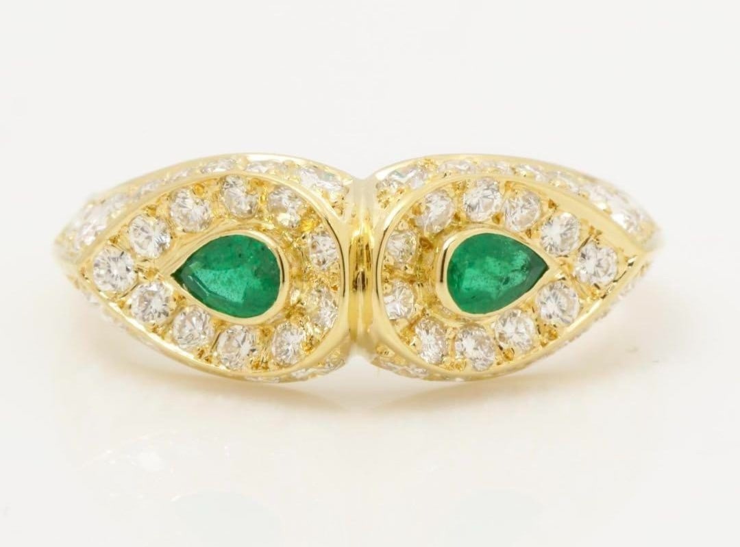 Paper Piaget Vintage 1980s Double Emerald Pave Diamond 18k Yellow Gold Ring with: Paper Piaget Vintage 1980s Double Emerald Pave Diamond 18k Yellow Gold Ring with This listing features Paper Piaget Vintage 1980s Double Emerald Pave Diamond 18k Yellow Gold Ring with. Item specifics