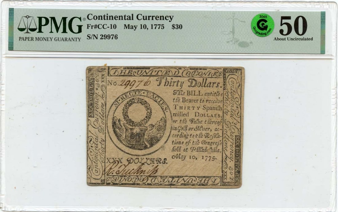 $30 Continental Currency FR#CC-10 PMG AU50 GCC Green - 1775 May 10: $30 Continental Currency FR#CC-10 PMG AU50 GCC Green - 1775 May 10 This listing features $30 Continental Currency FR#CC-10 PMG AU50 GCC Green - 1775 May 10. Item specifics are provided below. Item Spe