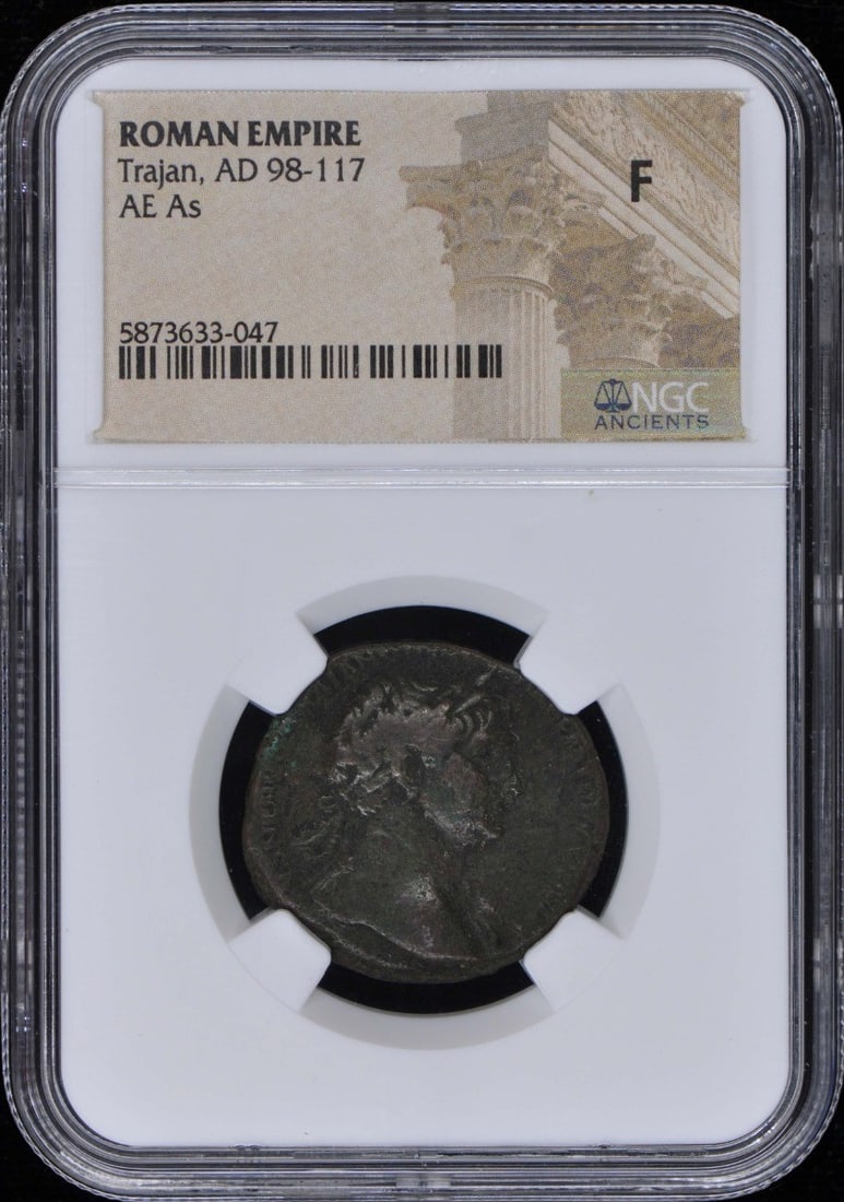 AD 98-117 ROMAN EMPIRE AE As NGC F12 - Trajan: AD 98-117 ROMAN EMPIRE AE As NGC F12 - Trajan This listing features AD 98-117 ROMAN EMPIRE AE As NGC F12 - Trajan. Item specifics are provided below. Item Specifics: Certification: NGC Grade: F12 Cert