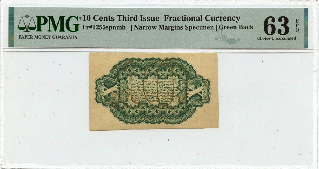 Back Fractional Currency Third Issue 10 Cents FR#1255spnmb PMG CU63 EPQ Specimen: Back Fractional Currency Third Issue 10 Cents FR#1255spnmb PMG CU63 EPQ Specimen This listing features Back Fractional Currency Third Issue 10 Cents FR#1255spnmb PMG CU63 EPQ Specimen. Item specifics
