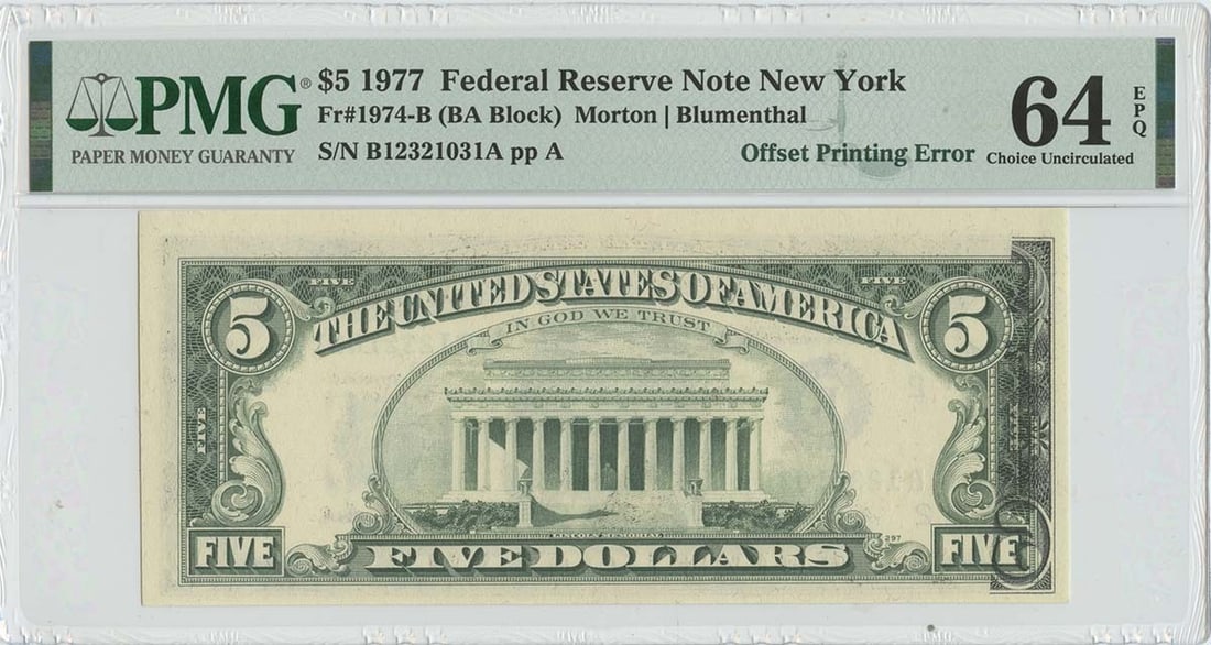 EPQ 1977 $5 FRN Offset Printing Error1974-B PMG CH Unc 64: EPQ 1977 $5 FRN Offset Printing Error1974-B PMG CH Unc 64 This listing features EPQ 1977 $5 FRN Offset Printing Error1974-B PMG CH Unc 64. Item specifics are provided below. Item Specifics: Certificat