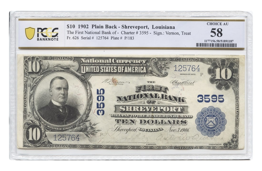 Plain Back - FR. 626 1902 $10 Shreveport - LA First NB PCGS Choice AU58 (CH 3595: Plain Back - FR. 626 1902 $10 Shreveport - LA First NB PCGS Choice AU58 (CH 3595 This listing features Plain Back - FR. 626 1902 $10 Shreveport - LA First NB PCGS Choice AU58 (CH 3595. Item specifics