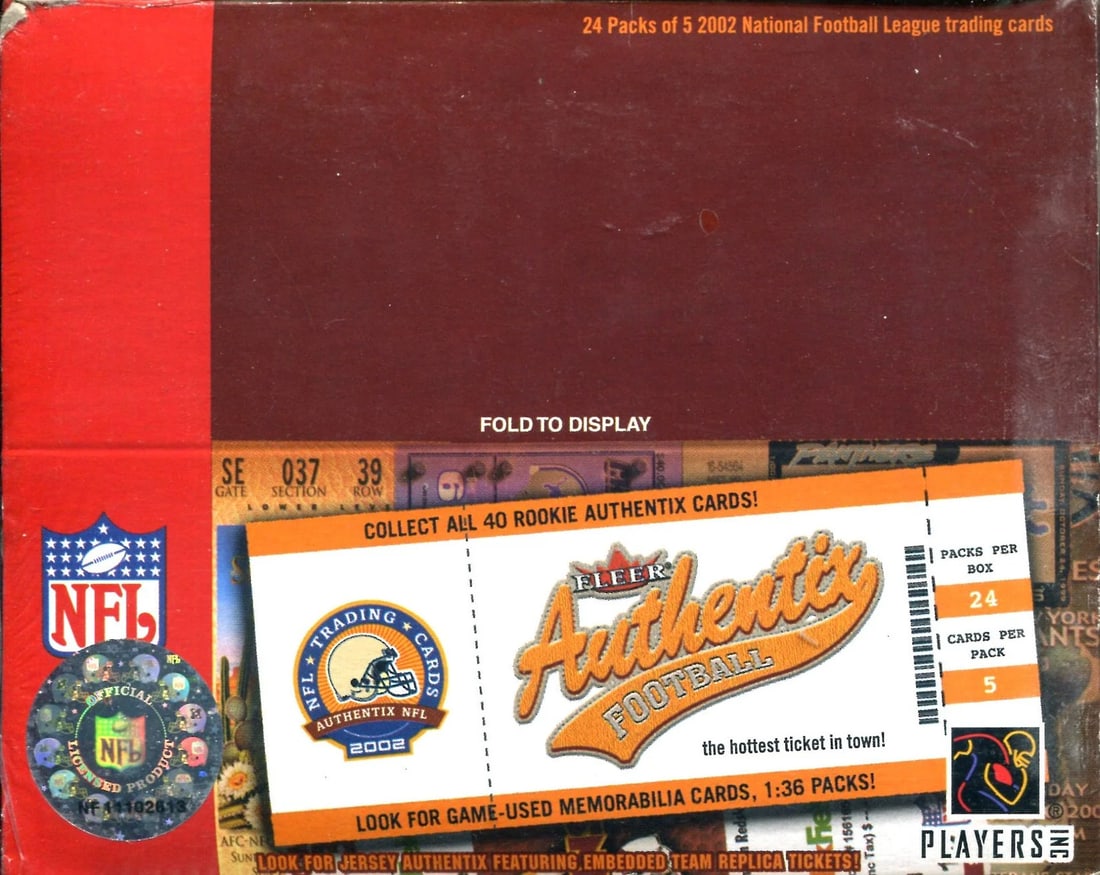 Football 2002 Fleer Authentix: Football 2002 Fleer Authentix This listing features Football 2002 Fleer Authentix. Item specifics are provided below. Item Specifics: Brand: Fleer 2002 Fleer Authentix Football24 Authentix Packs per b