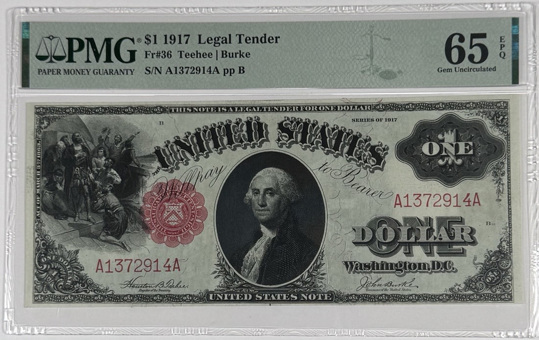 EPQ 1917 $1 LEGAL TENDER FR#36 PMG GEM UNC 65: EPQ 1917 $1 LEGAL TENDER FR#36 PMG GEM UNC 65 This listing features EPQ 1917 $1 LEGAL TENDER FR#36 PMG GEM UNC 65. Item specifics are provided below. Item Specifics: Circulated/Uncirculated: Uncircula