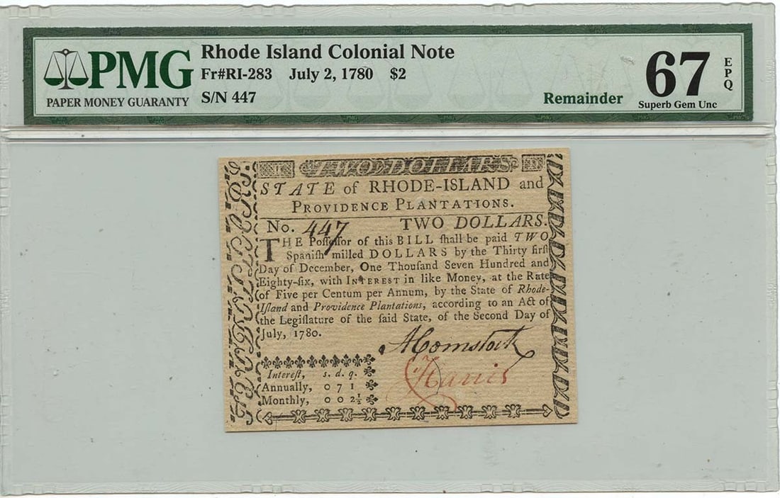 $2 Rhode Island Colonial Note FR#RI-283 PMG Superb GEM 67 EPQ Pop 1 - 1780 July 2: $2 Rhode Island Colonial Note FR#RI-283 PMG Superb GEM 67 EPQ Pop 1 - 1780 July 2 This listing features $2 Rhode Island Colonial Note FR#RI-283 PMG Superb GEM 67 EPQ Pop 1 - 1780 July 2. Item specific