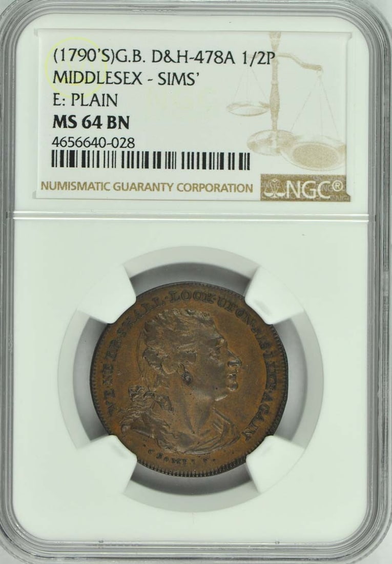 Token (1790'S) G.B. D&H-478A NGC MS64BN 1/ 2P MIDDLESEX SIMS Conder: Token (1790'S) G.B. D&H-478A NGC MS64BN 1/ 2P MIDDLESEX SIMS Conder This listing features Token (1790'S) G.B. D&H-478A NGC MS64BN 1/ 2P MIDDLESEX SIMS Conder. Item specifics are provided below. Item S