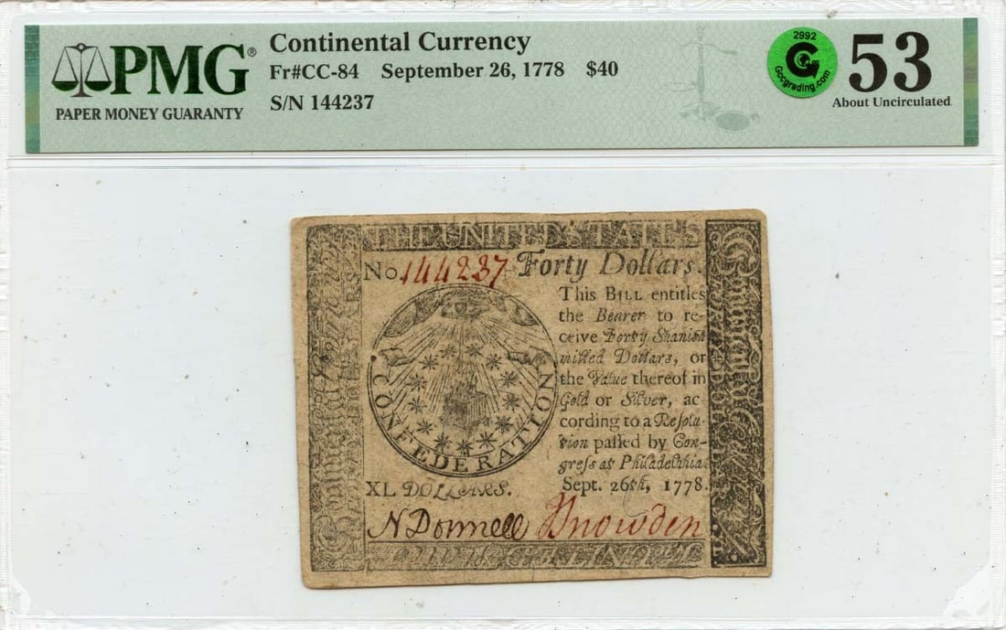 $40 Continental Currency FR#CC-84 PMG AU53 GCC Green - 1778 September 26: $40 Continental Currency FR#CC-84 PMG AU53 GCC Green - 1778 September 26 This listing features $40 Continental Currency FR#CC-84 PMG AU53 GCC Green - 1778 September 26. Item specifics are provided bel