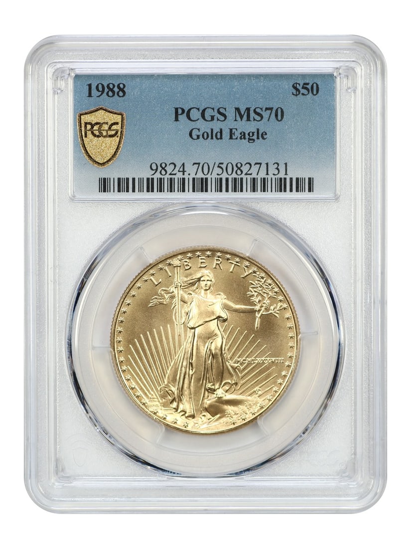 $50 Gold Eagles - 1988 $50 Gold Eagle PCGS MS70: $50 Gold Eagles - 1988 $50 Gold Eagle PCGS MS70 This listing features $50 Gold Eagles - 1988 $50 Gold Eagle PCGS MS70. Item specifics are provided below. Item Specifics: Certification: PCGS Certificat