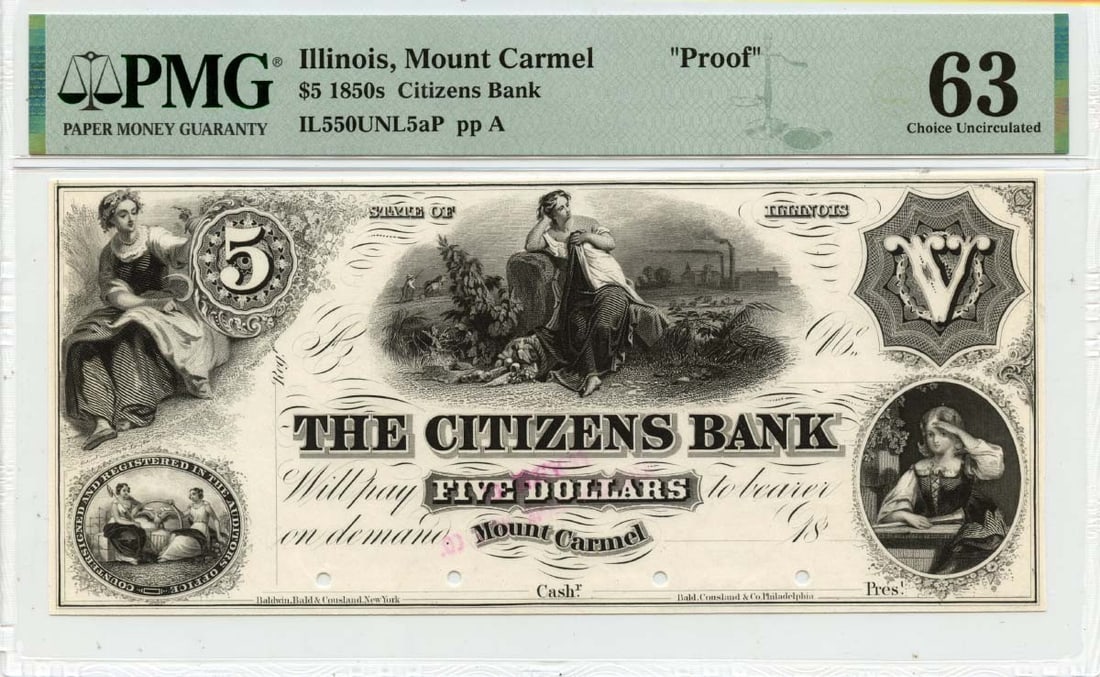 Illinois Obsolete Note Citizens Bank PMG CU63 Proof - 1850s $5 Mount Carmel (1 of 1)