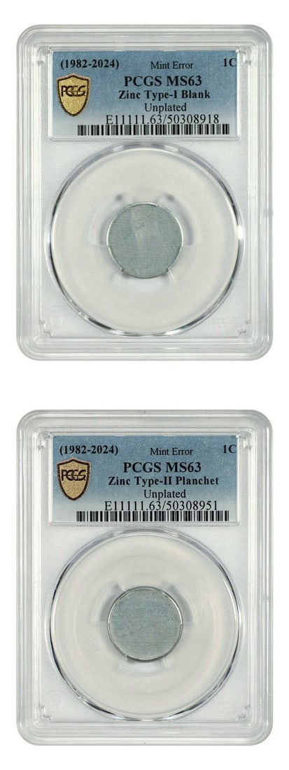 2 - Mint Error: (1982-2024) 1C PCGS MS63 (Zinc - T1 Blank & T2 Planchet - Unplated: 2 - Mint Error: (1982-2024) 1C PCGS MS63 (Zinc - T1 Blank & T2 Planchet - Unplated This listing features 2 - Mint Error: (1982-2024) 1C PCGS MS63 (Zinc - T1 Blank & T2 Planchet - Unplated. Item specif