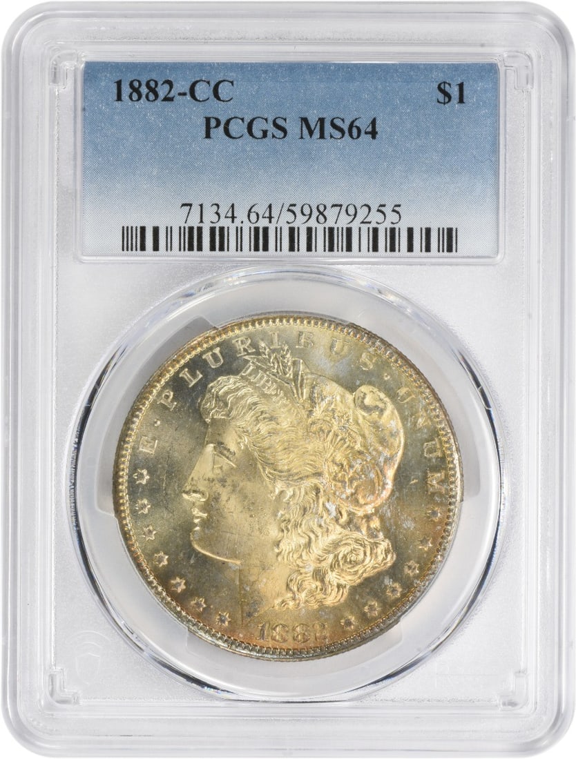 Toned 1882-CC Morgan Silver Dollar MS64 PCGS: Toned 1882-CC Morgan Silver Dollar MS64 PCGS This listing features Toned 1882-CC Morgan Silver Dollar MS64 PCGS. Item specifics are provided below. Item Specifics: Country Of Origin: United States Cer