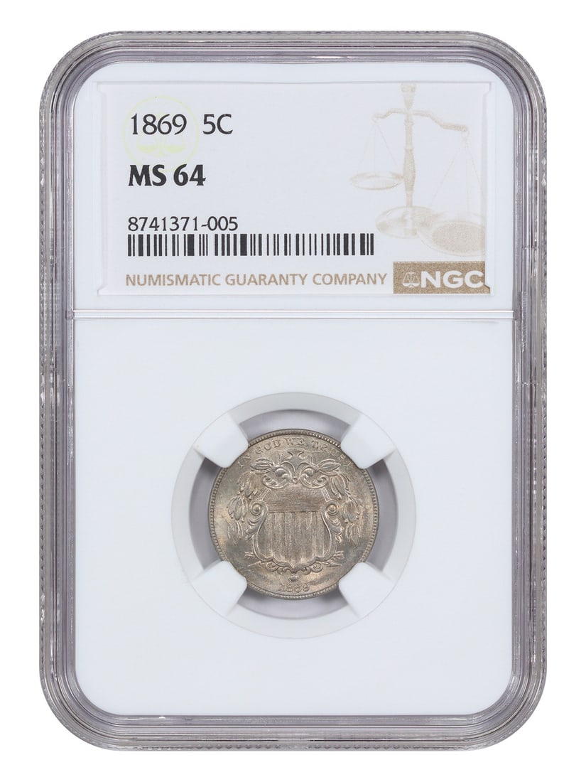 Shield Nickel - 1869 5C NGC MS64: Shield Nickel - 1869 5C NGC MS64 This listing features Shield Nickel - 1869 5C NGC MS64. Item specifics are provided below. Item Specifics: Certification: NGC Certification Number: 8741371005 Circulat
