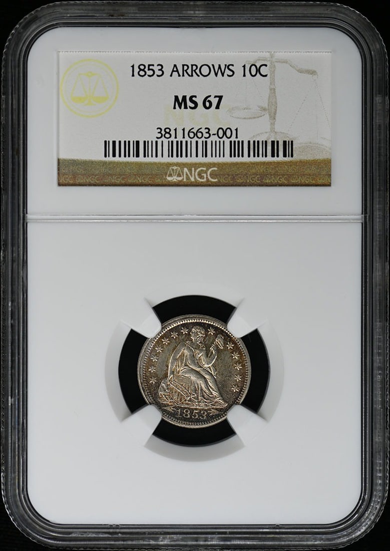 MS67 1853 ARROWS Seated Liberty Dime 10C NGC: MS67 1853 ARROWS Seated Liberty Dime 10C NGC This listing features MS67 1853 ARROWS Seated Liberty Dime 10C NGC. Item specifics are provided below. Item Specifics: Certification: NGC Certification Num