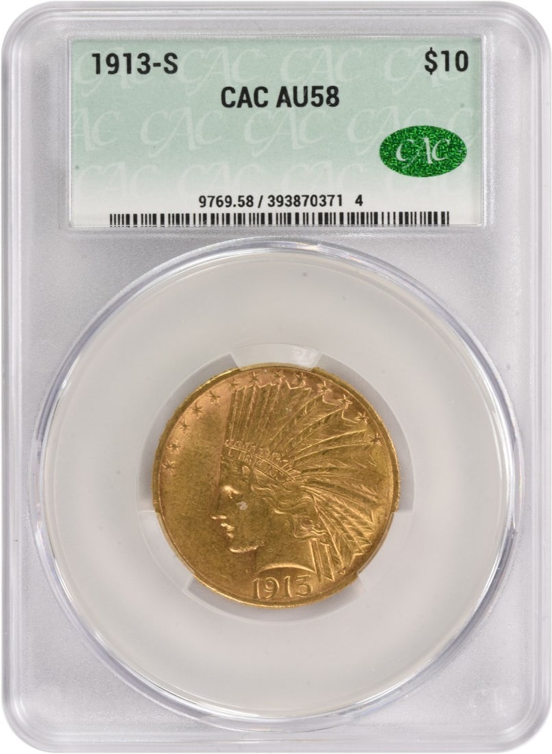 CACG 1913-S $10 Gold Indian AU58: CACG 1913-S $10 Gold Indian AU58 This listing features CACG 1913-S $10 Gold Indian AU58. Item specifics are provided below. Item Specifics: Country Of Origin: United States Certification: CACG Circula