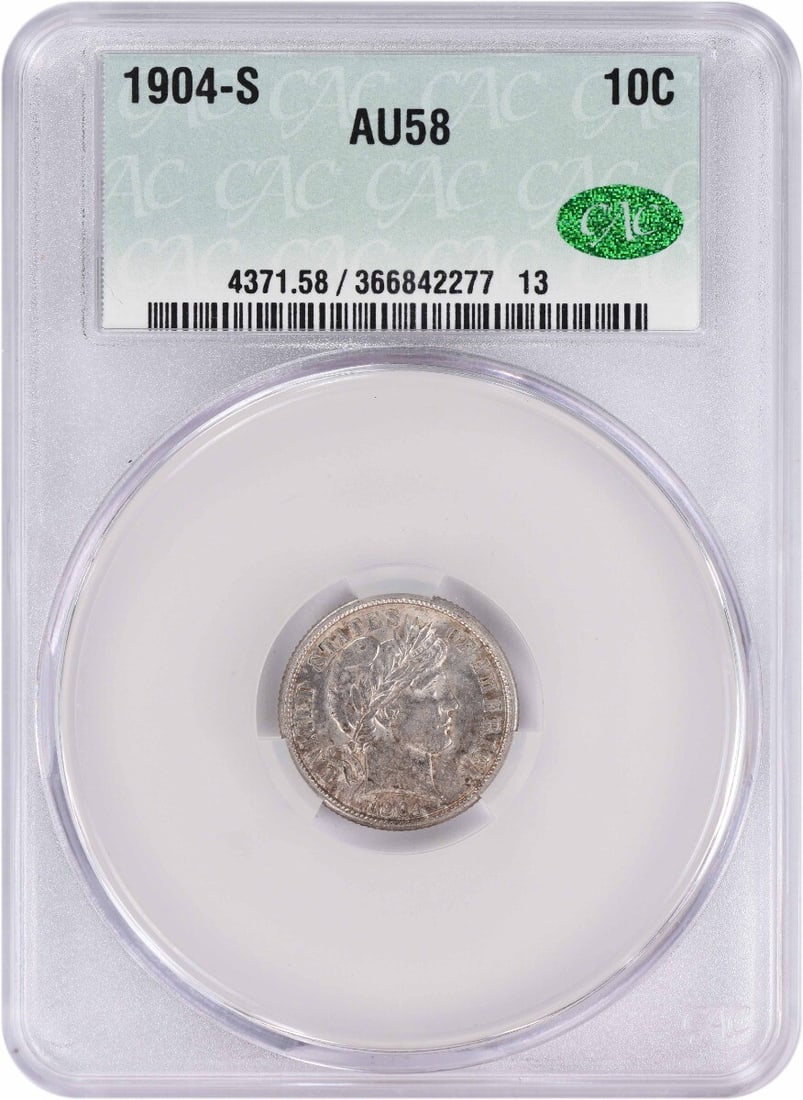 CACG 1904-S Barber Silver Dime AU58: CACG 1904-S Barber Silver Dime AU58 This listing features CACG 1904-S Barber Silver Dime AU58. Item specifics are provided below. Item Specifics: Country Of Origin: United States Certification: CACG C