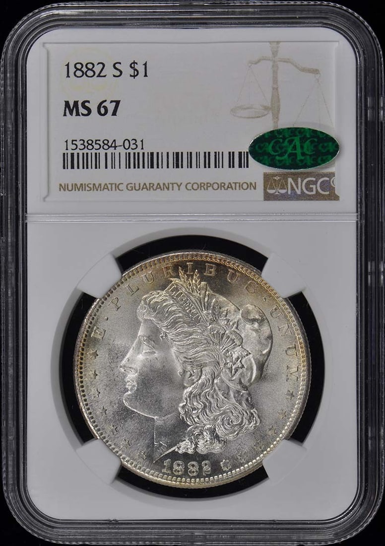 (CAC) 1882-S Morgan Dollar S$1 NGC MS67: (CAC) 1882-S Morgan Dollar S$1 NGC MS67 This listing features (CAC) 1882-S Morgan Dollar S$1 NGC MS67. Item specifics are provided below. Item Specifics: Certification: NGC Certification Number: