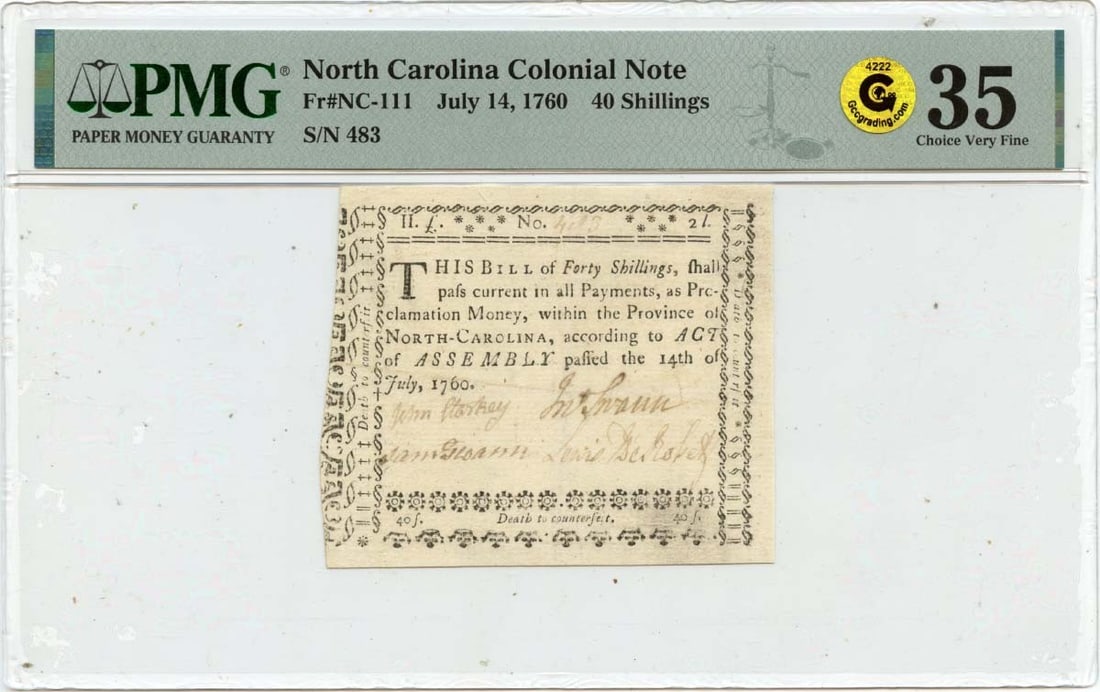 40s North Carolina Colonial FR#NC-111 PMG VF35 GCC Gold Top Pop - 1760 July 14: 40s North Carolina Colonial FR#NC-111 PMG VF35 GCC Gold Top Pop - 1760 July 14 This listing features 40s North Carolina Colonial FR#NC-111 PMG VF35 GCC Gold Top Pop - 1760 July 14. Item specifics are