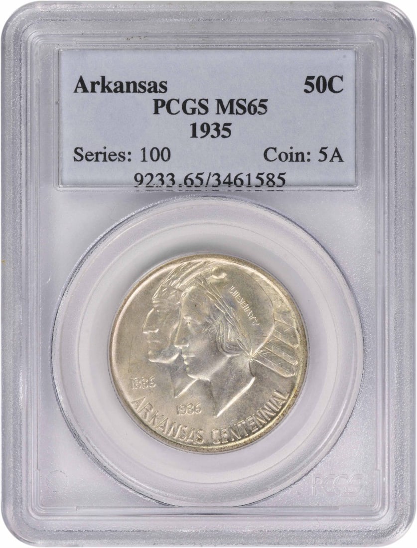 PCGS Arkansas Commemorative Silver Half Dollar 1935 MS65: PCGS Arkansas Commemorative Silver Half Dollar 1935 MS65 This listing features PCGS Arkansas Commemorative Silver Half Dollar 1935 MS65. Item specifics are provided below. Item Specifics: Country Of O
