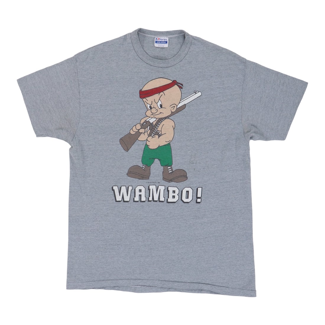 Shirt 1985 Elmer Fudd Wambo Rambo: Shirt 1985 Elmer Fudd Wambo Rambo This listing features Shirt 1985 Elmer Fudd Wambo Rambo. Item specifics are provided below. Item Specifics: Size: Extra Large Era: 1980s Color: Gray Material: 50/50 P