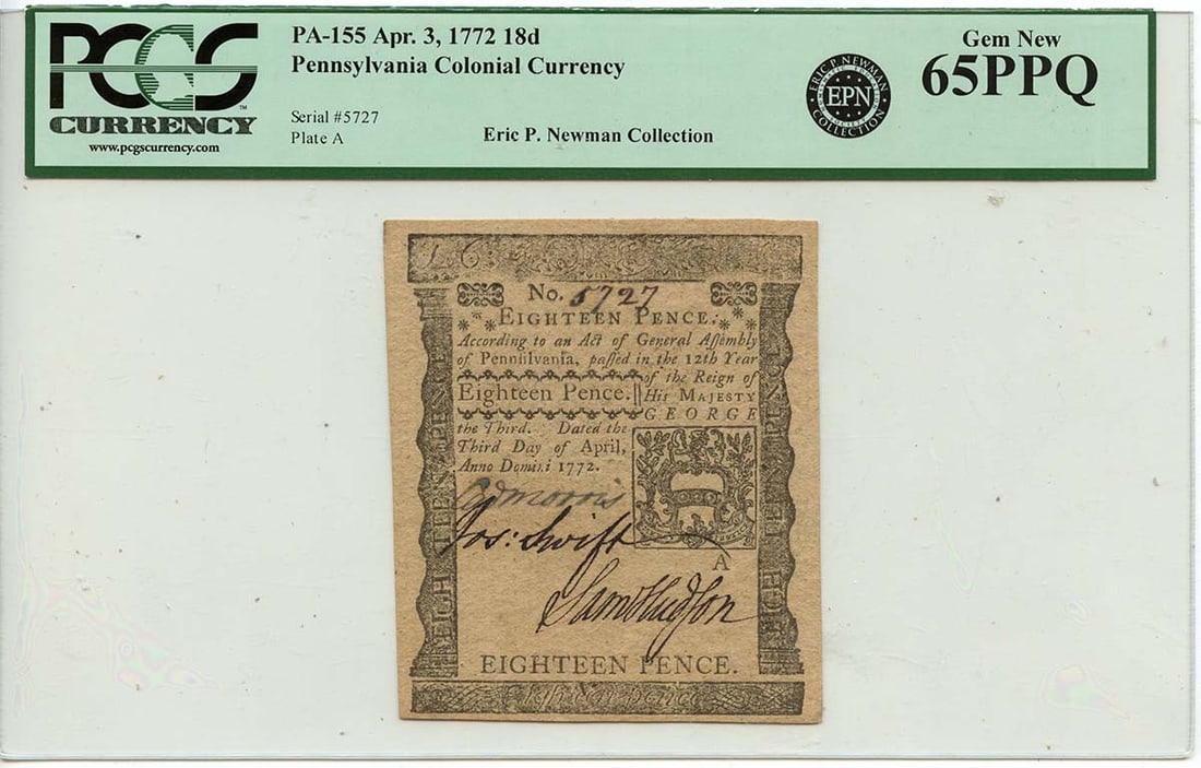 18d Pennsylvania Colonial Note FR#PA-155 PCGS GEM 65 PPQ - 1772 April 3: 18d Pennsylvania Colonial Note FR#PA-155 PCGS GEM 65 PPQ - 1772 April 3 This listing features 18d Pennsylvania Colonial Note FR#PA-155 PCGS GEM 65 PPQ - 1772 April 3. Item specifics are provided below