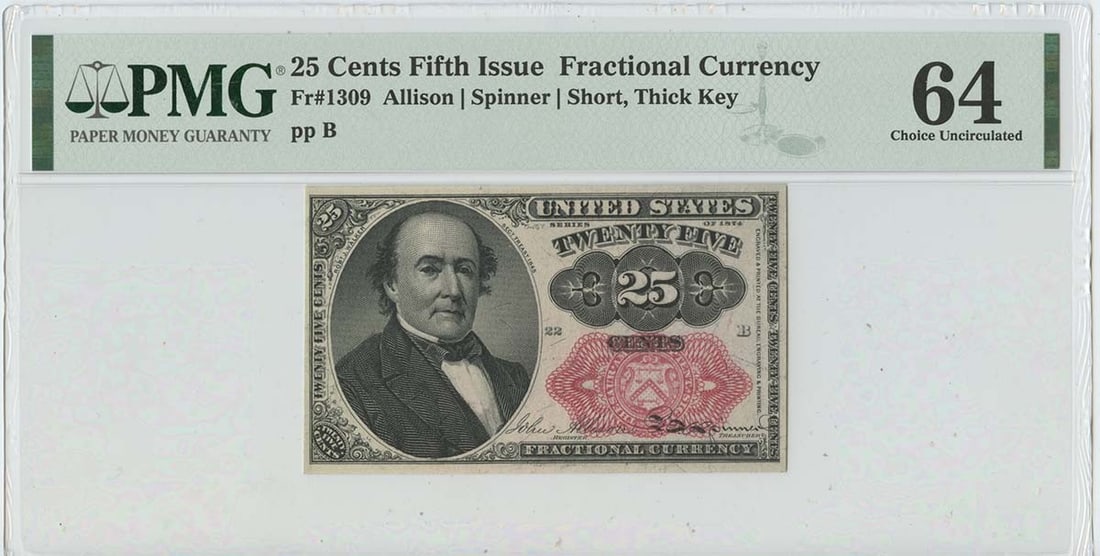 Key Fifth Issue 25 Cents Fractional Fr# 1309 PMG 64 CH Unc Short Thick: Key Fifth Issue 25 Cents Fractional Fr# 1309 PMG 64 CH Unc Short Thick This listing features Key Fifth Issue 25 Cents Fractional Fr# 1309 PMG 64 CH Unc Short Thick. Item specifics are provided below.