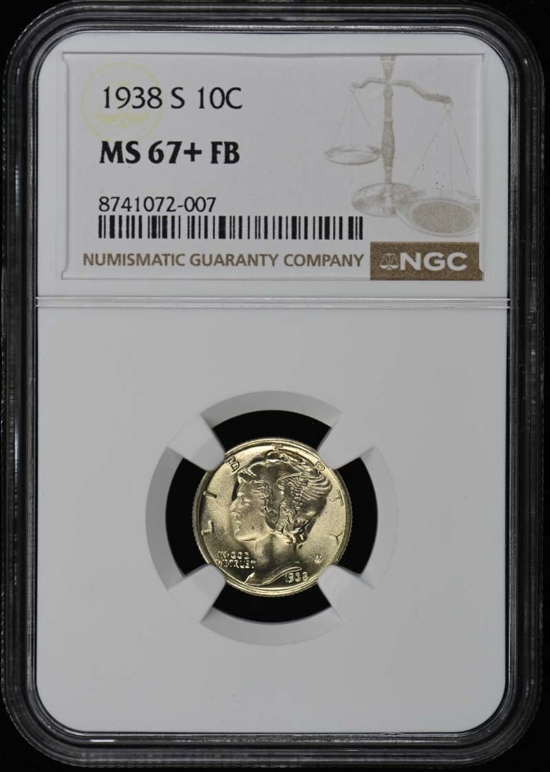 MS67+FB 1938-S Mercury Dime 10C NGC: MS67+FB 1938-S Mercury Dime 10C NGC This listing features MS67+FB 1938-S Mercury Dime 10C NGC. Item specifics are provided below. Item Specifics: Certification: NGC Certification Number: 8741072007 Gr