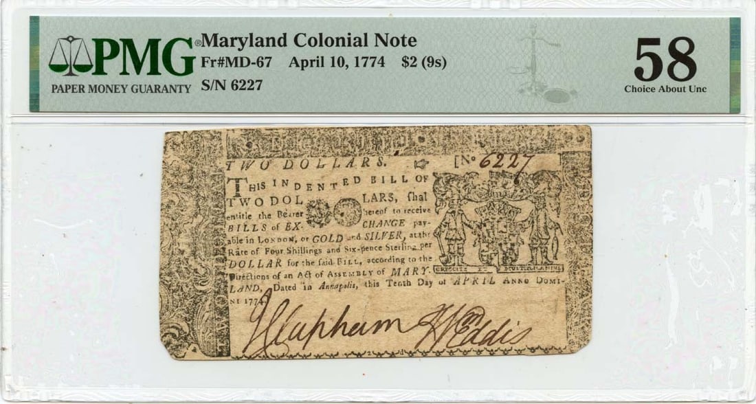 $2 Maryland Colonial Note FR#MD-67 PMG AU58 - 1774 April 10: $2 Maryland Colonial Note FR#MD-67 PMG AU58 - 1774 April 10 This listing features $2 Maryland Colonial Note FR#MD-67 PMG AU58 - 1774 April 10. Item specifics are provided below. Item Specifics: Certif