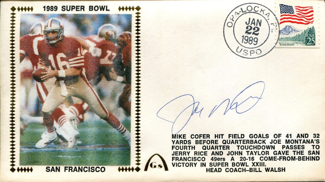 Cover Joe Montana Autographed Gateway First Day: Cover Joe Montana Autographed Gateway First Day This listing features Cover Joe Montana Autographed Gateway First Day. Item specifics are provided below. Item Specifics: Signed in blue pen across the