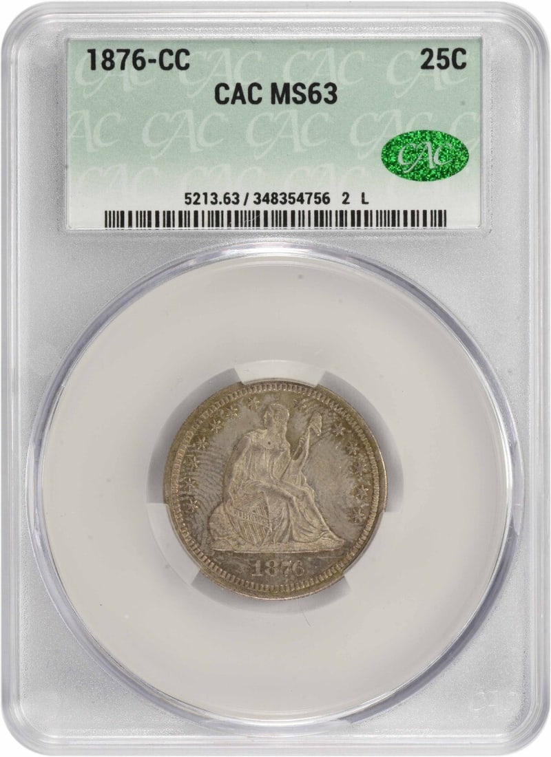 CACG 1876-CC Liberty Seated Silver Quarter MS63: CACG 1876-CC Liberty Seated Silver Quarter MS63 This listing features CACG 1876-CC Liberty Seated Silver Quarter MS63. Item specifics are provided below. Item Specifics: Country Of Origin: United Stat