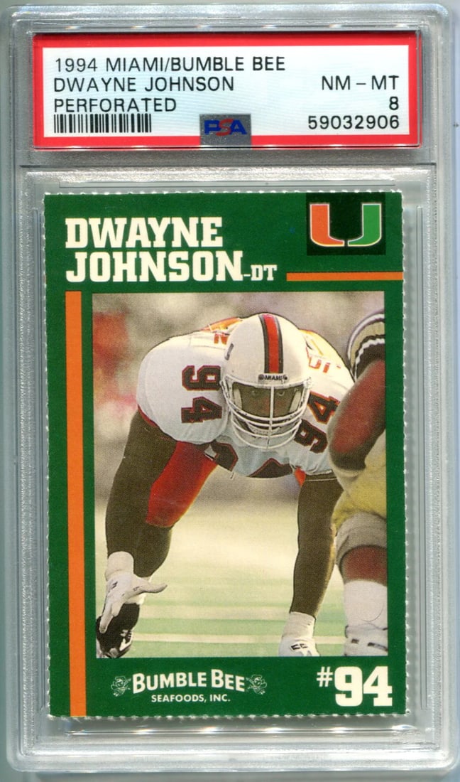 MINT Dwayne Johnson THE ROCK 1994 Miami Bumble Bee Rookie Card PSA 8: MINT Dwayne Johnson THE ROCK 1994 Miami Bumble Bee Rookie Card PSA 8 This listing features MINT Dwayne Johnson THE ROCK 1994 Miami Bumble Bee Rookie Card PSA 8. Item specifics are provided below. Item