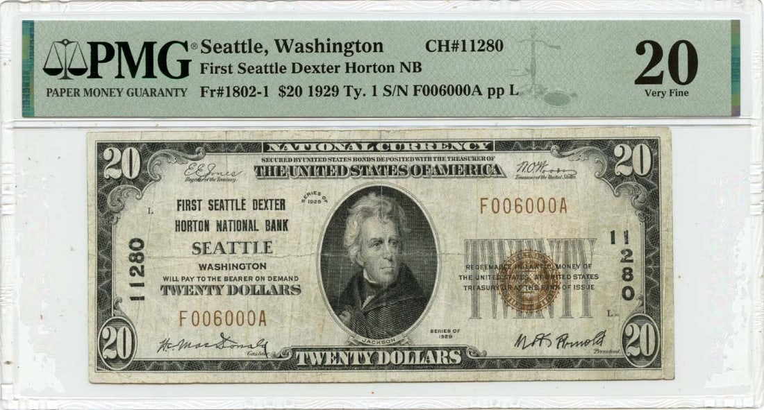 WA CH#11280 PMG VF20 - 1929 $20 National FR#1802-1 First Dexter Horton NB Seattle (1 of 1)