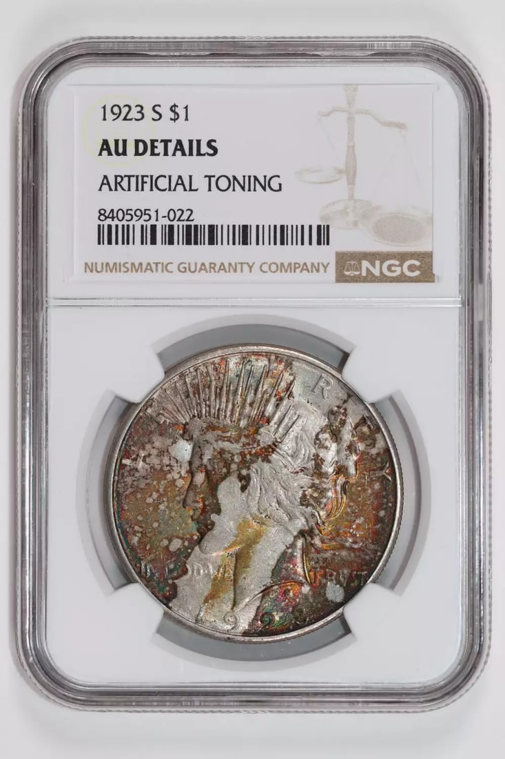TONING 1923-S PEACE DOLLAR NGC AU DETAILS RAINBOW: TONING 1923-S PEACE DOLLAR NGC AU DETAILS RAINBOW This listing features TONING 1923-S PEACE DOLLAR NGC AU DETAILS RAINBOW. Item specifics are provided below. Item Specifics: Country Of Origin: USA Cer