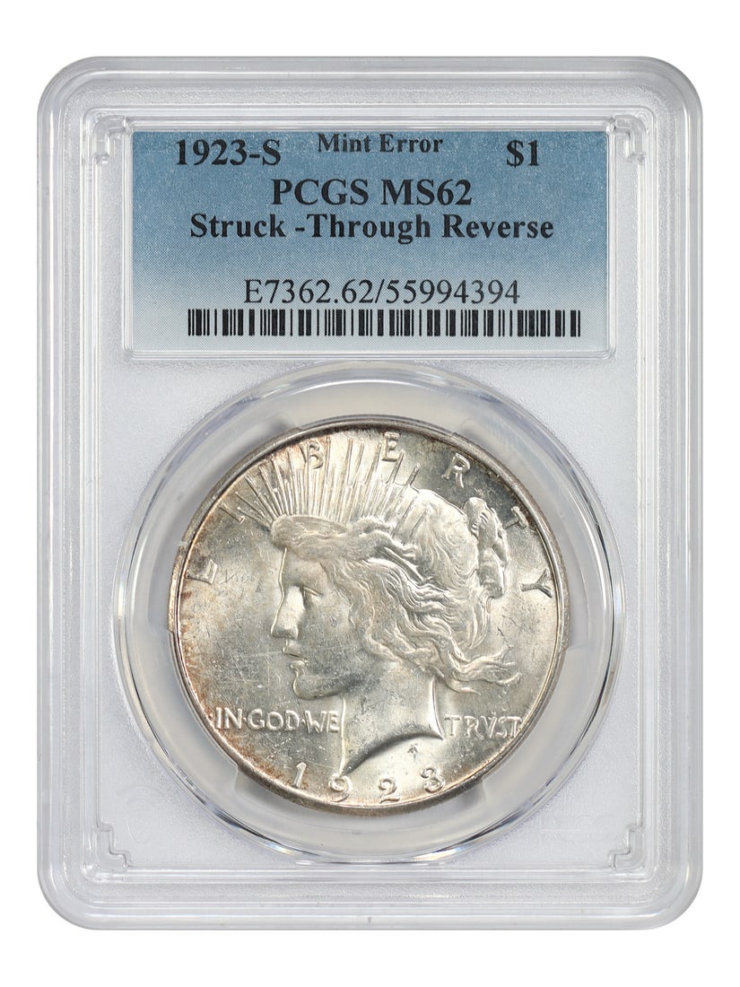 Peace Dollar - Mint Error: 1923-S $1 PCGS MS62 (Struck Through Reverse): Peace Dollar - Mint Error: 1923-S $1 PCGS MS62 (Struck Through Reverse) This listing features Peace Dollar - Mint Error: 1923-S $1 PCGS MS62 (Struck Through Reverse). Item specifics are provided below