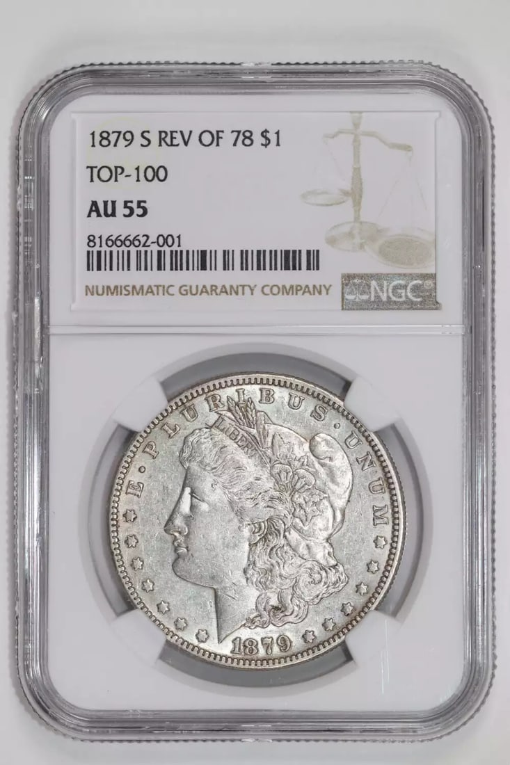 AU55 1879-S REVERSE OF 1878 MORGAN DOLLAR NGC: AU55 1879-S REVERSE OF 1878 MORGAN DOLLAR NGC This listing features AU55 1879-S REVERSE OF 1878 MORGAN DOLLAR NGC. Item specifics are provided below. Item Specifics: Country Of Origin: USA Certificati
