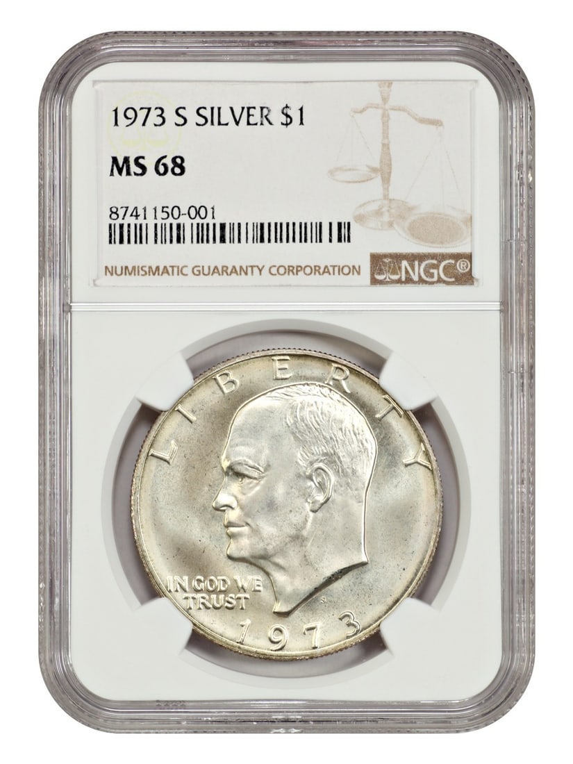 Ike Dollar - 1973-S $1 NGC MS68 (Silver): Ike Dollar - 1973-S $1 NGC MS68 (Silver) This listing features Ike Dollar - 1973-S $1 NGC MS68 (Silver). Item specifics are provided below. Item Specifics: Certification: NGC Certification Number: 874