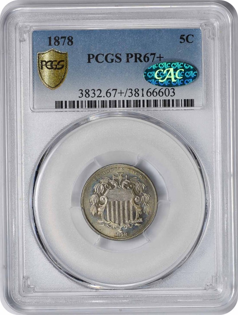 (CAC) 1878 Shield Nickel PR67+ PCGS: (CAC) 1878 Shield Nickel PR67+ PCGS This listing features (CAC) 1878 Shield Nickel PR67+ PCGS. Item specifics are provided below. Item Specifics: Country Of Origin: United States Certification: PCGS C