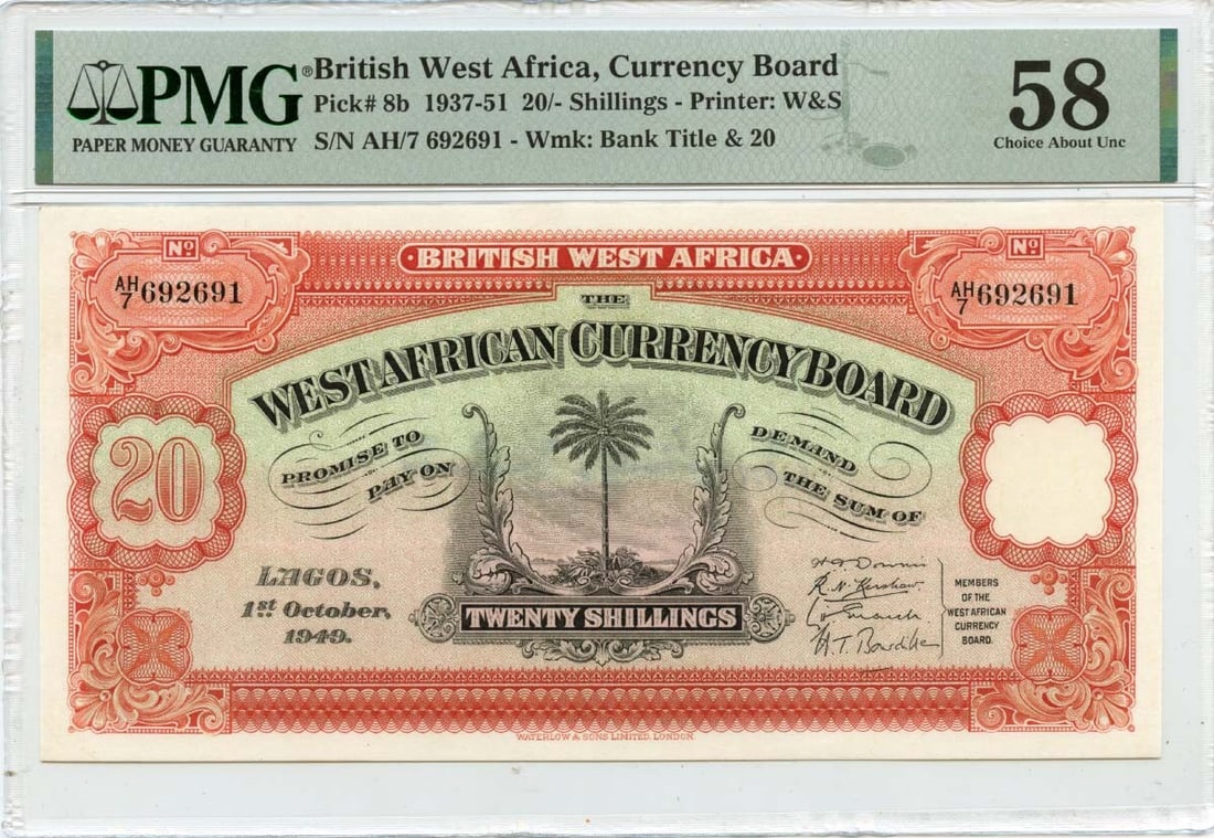Shillings British West Africa Currency Board Pick# BWA8b PMG AU58 - 1937-51 20/: Shillings British West Africa Currency Board Pick# BWA8b PMG AU58 - 1937-51 20/ This listing features Shillings British West Africa Currency Board Pick# BWA8b PMG AU58 - 1937-51 20/. Item specifics ar